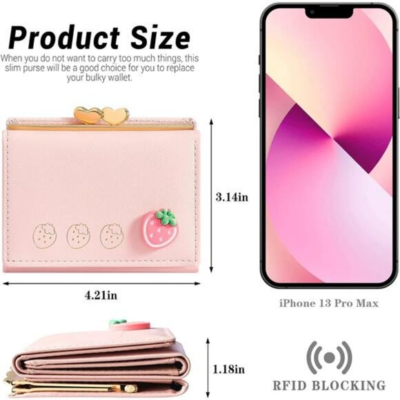 Small leather wallet for women trifold card holder cute pink girls slim purse - Picture 3 of 7